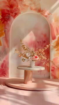 粉色花卉裝飾，白色花瓶，圓形桌子