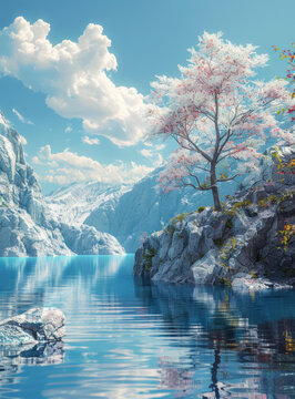 奇幻的湖邊櫻花樹(shù)景觀(guān)