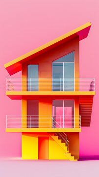一棟兩層樓的房屋的 3D 渲染圖，背景為粉紅色