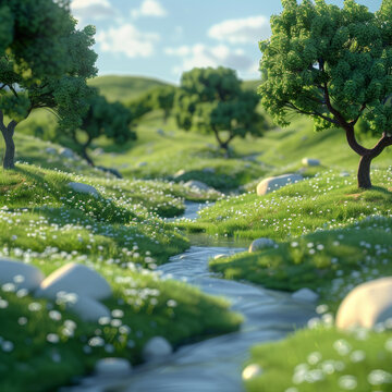 涓涓細(xì)流穿越碧綠草地