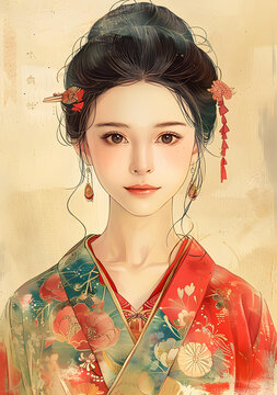身穿紅色和服的亞洲美女