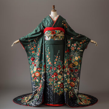 身穿花卉圖案和服的女性