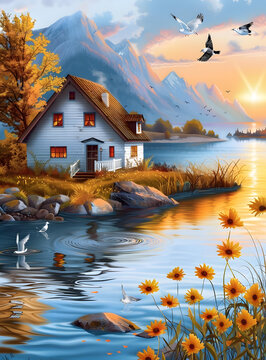 夕陽下湖邊小屋與花朵