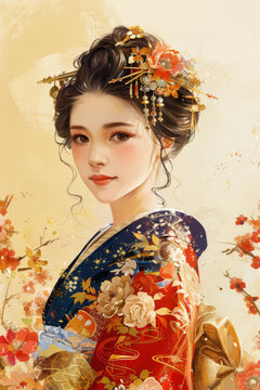 身穿和服的美麗日本女性插圖，她的頭發(fā)上裝飾著紅色和白色的花朵