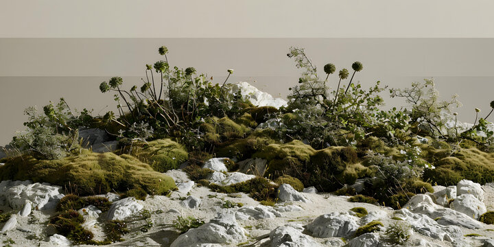 苔蘚巖石與綠色植物的極簡主義景觀