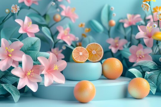 藍(lán)色背景上的橙子和花朵
