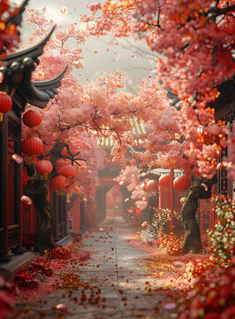 唯美古風(fēng)櫻花盛開的街道