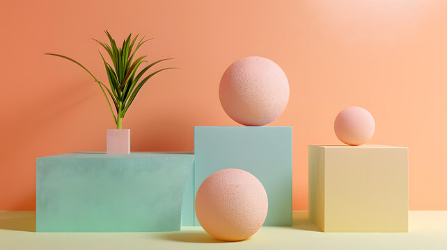 抽象幾何形狀與植物的極簡3D渲染作品