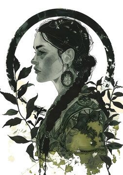 綠葉環(huán)繞的女性肖像畫