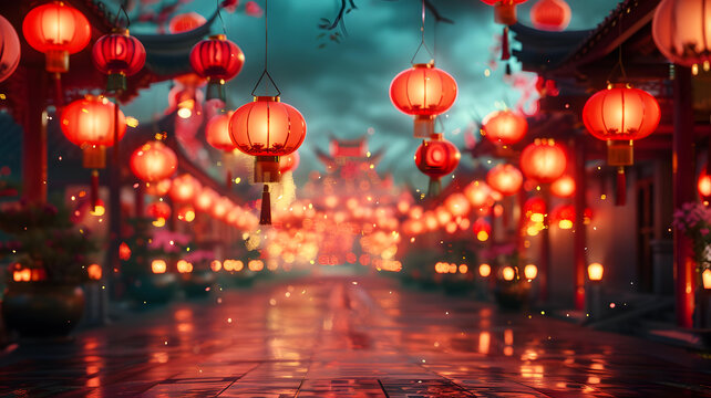 大紅燈籠高高掛起，烘托出節(jié)日的氣氛