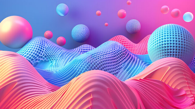 多彩球體和波浪形表面組成的抽象 3D 設(shè)計(jì)