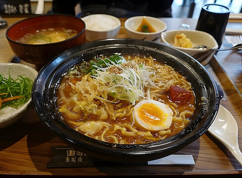 日式拉面配雞蛋、蔥和其他配料