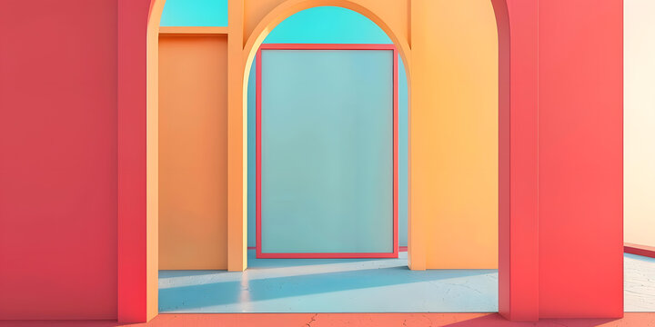 抽象的極簡(jiǎn)主義建筑，拱形入口和紅色框架