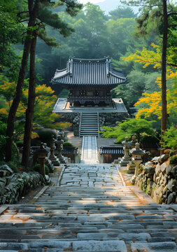 通往日本傳統(tǒng)寺廟的石階
