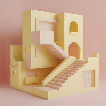 黃色極簡(jiǎn)風(fēng)格3D渲染建筑，樓梯和拱形窗戶