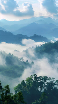 云霧繚繞的綠色山脈風(fēng)景