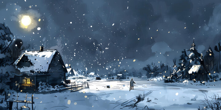 冬夜雪景，孤獨行人