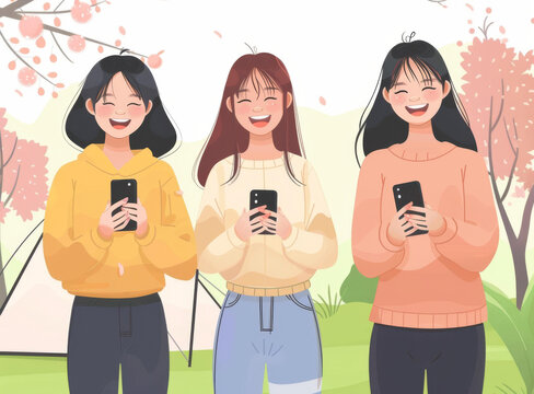 三個年輕的亞洲女性在公園里使用智能手機