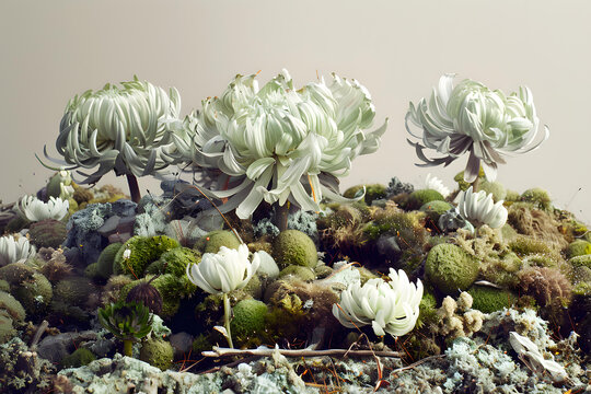白色花朵在綠色苔蘚背景上