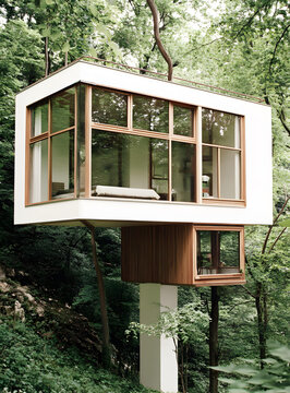 森林中的現(xiàn)代樹屋建筑，擁有巨大的窗戶