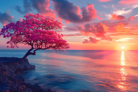 夕陽下的粉色云朵和大海
