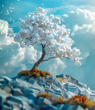 3D建模，白色幾何樹，藍色天空背景