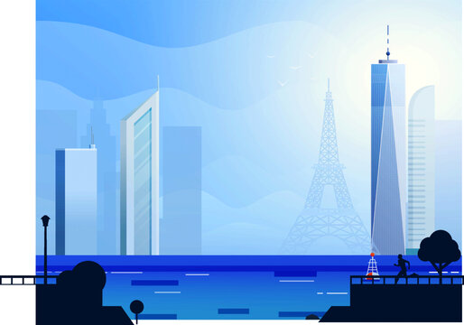 輕質(zhì)感海邊建筑群城市風(fēng)景插畫(huà)