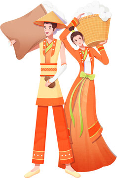 收獲棉花的古代農(nóng)民夫婦人物組合