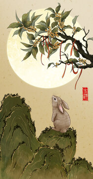 桂花山月桂金桂山石玉兔古畫背景