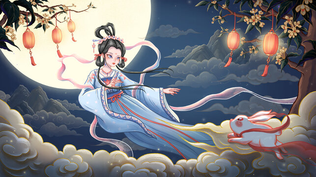 中秋節(jié)嫦娥奔月玉兔桂花中秋插畫