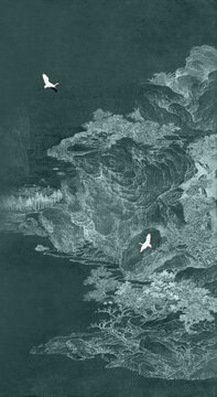 中式玄關線描山水瑞鶴圖畫
