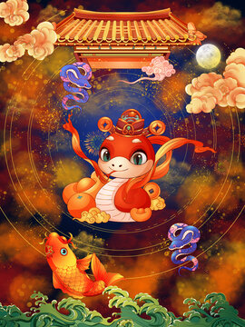 蛇年生肖財(cái)神蛇春節(jié)插畫