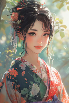 身穿和服的美麗亞洲女性肖像