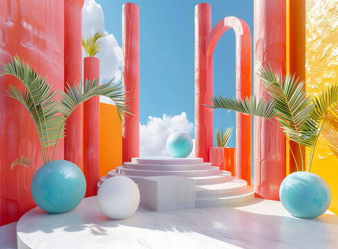 超現(xiàn)實多彩建筑空間的3D渲染，帶講臺和藍色球體