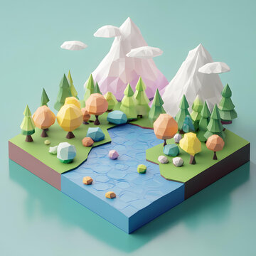 低多邊形3D渲染的山脈森林景觀