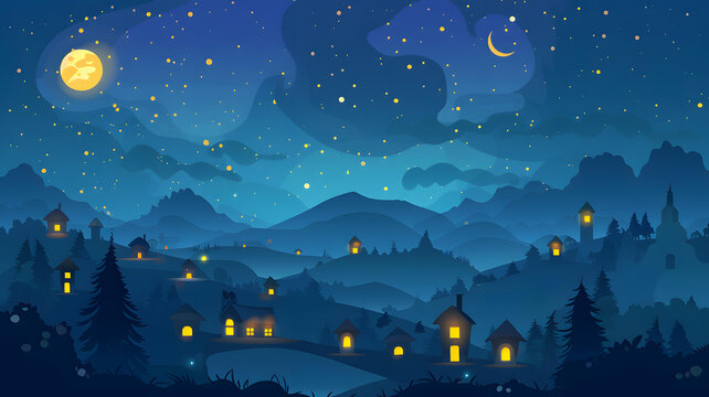 夜晚星空下的小鎮(zhèn)風(fēng)景