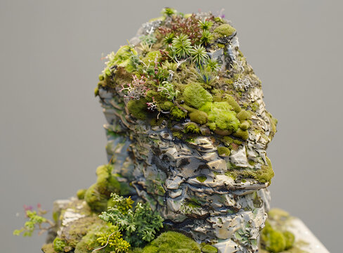 覆蓋著綠色苔蘚的微型巖石地貌特寫