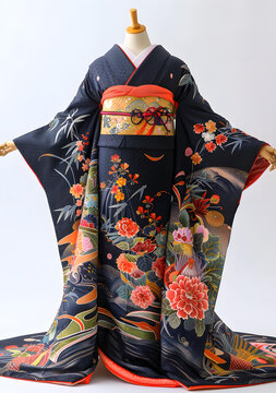 身穿帶花卉圖案和服的婦女