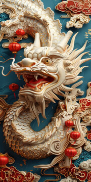 中國龍紅燈籠祥云渲染圖