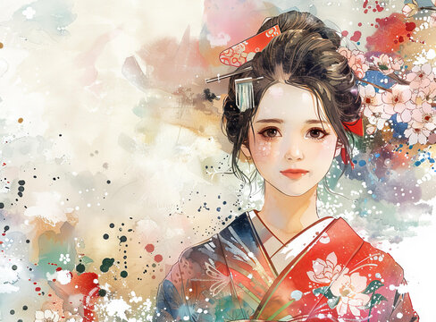 身穿紅色和服的美麗日本女性與櫻花