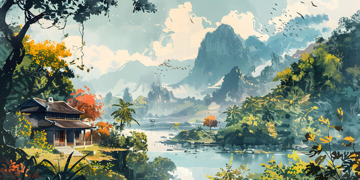 東方風(fēng)格的房子坐落在山川河流之間