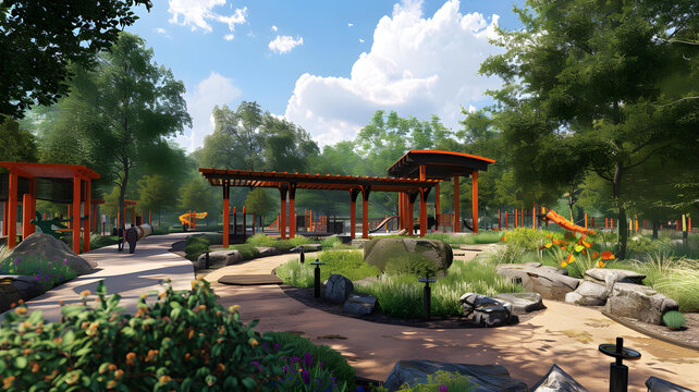帶游樂場和蜿蜒小路的公園景觀設計