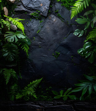 黑色石材背景上的深綠色熱帶植物葉子