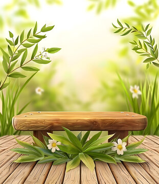 木質(zhì)平臺上的綠色樹葉和白色花朵，背景虛化
