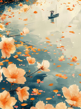 一葉扁舟湖上行桃花朵朵水中游