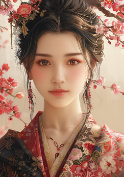 身穿和服的亞洲美女在櫻花樹下