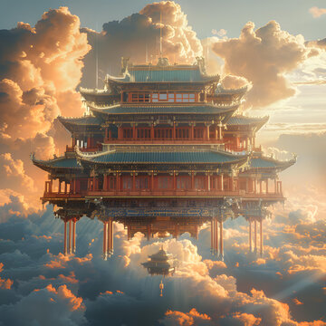 云層之上的古老中國宮殿