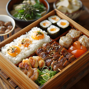 日式便當(dāng)盒，米飯，肉類和蔬菜