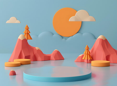 卡通山脈景觀藍(lán)天白云太陽(yáng)3D渲染