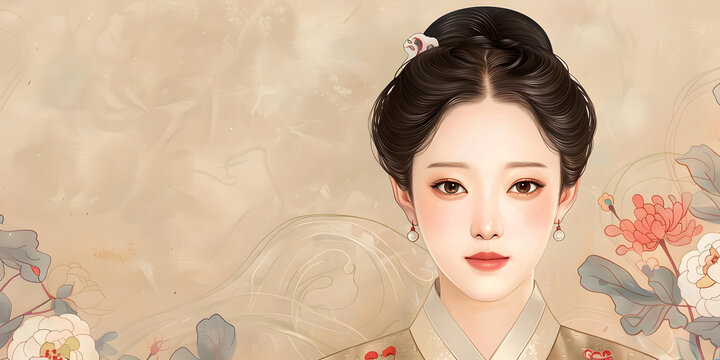 身穿韓國(guó)傳統(tǒng)服飾的年輕女子肖像